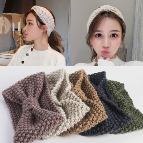 Korean Winter New Solid Wool Warmer Crochet Bowknot Headband For Women Girls Knotted Headwraps Fashion Hairband Hair Accessories