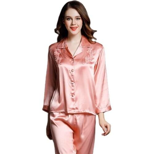 Spring Autumn Silk Pajamas Women Two-Piece Home Dress Long Sleeve Girls Suit Nightgown %100 Bathrobe