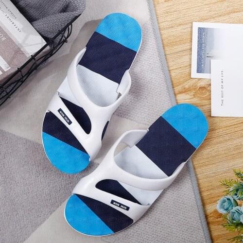 Summer Men Slippers Indoor Home Flat Comfy Slides Blue White Bath Slides Hotel Bathroom Flip Flops Couple Non-slip Simple Shoes