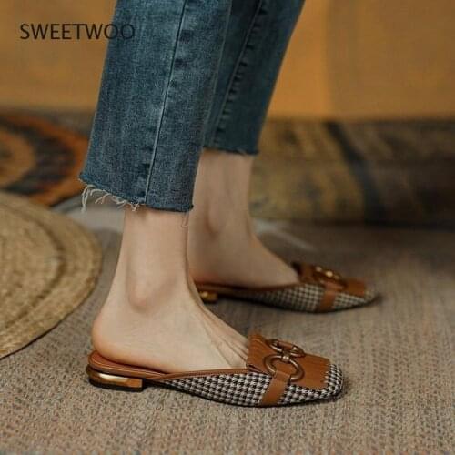 Scotland Houndstooth Fabric Plaid Casual Mules Shoes Women Summer Square Toe Genuine Leather Tassel Fringed Flats Slippers Brown