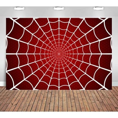 Superhero Birthday Backdrop Boy White Spider Web Red Background for Cosplay Party Photography Backdrop for Kids Photoshoot