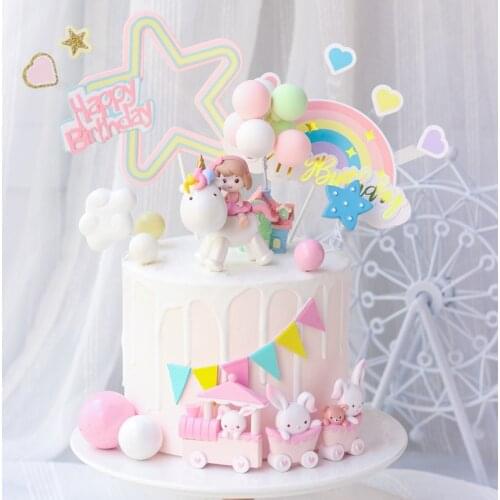 Unicorn Girl Cake Topper Happy Birthday Decoration Rainbow Wedding Cupcake Toppers Baby Shower Party Favors Baking Accessories