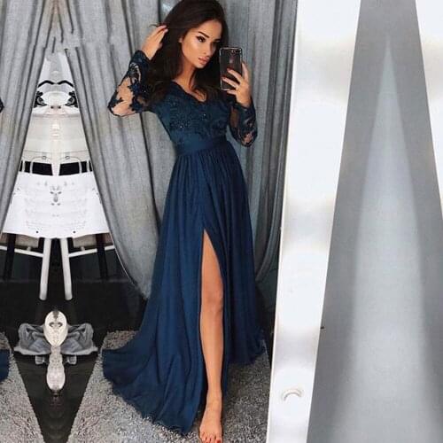 V Neck Side Split Evening Prom Dresses Long with Sleeves Sexy Grey Navy Chiffon Appliqued Lace Formal Party Gowns