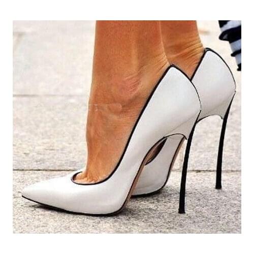 Linamong Spring Woman Metal Thin Heels Patchwork Slip On 12 cm Dress Pumps Sexy Pointed Toe Party High Heel Shoes Different Heel