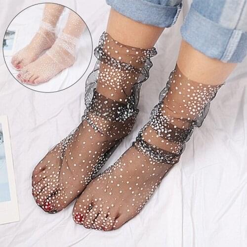 Handmade Sequins Tulle Socks Women Transparent Mesh Lace Socks Thin Long Socks Dress Sock Streetwear Female Hosiery Wholesale