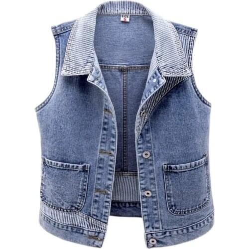 Womens Plus Size Denim Vest Jacket Spring Autumn Stripe Splicing Short Jean Waistcoat Casual Tops Sleeveless Outerwear