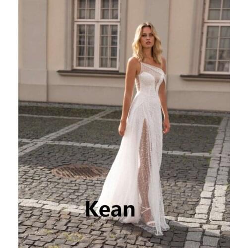 New Slit Mermaid Wedding Dress Lace One Shoulder Pearls Bride Gown Dubai Arabic Abiti Da Sposa Vestidos De Novia De Noche Plus