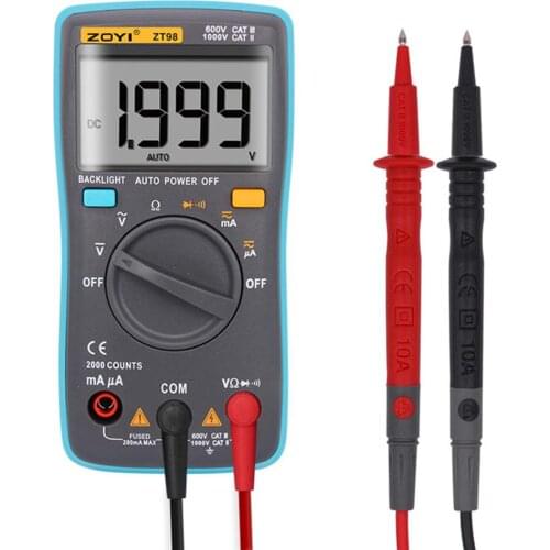ZT98 Digital Multimeter AC/DC Ammeter Voltmeter Ohm Portable LCD Display Backlight Multimeter Diode and Continuity Test Gauge