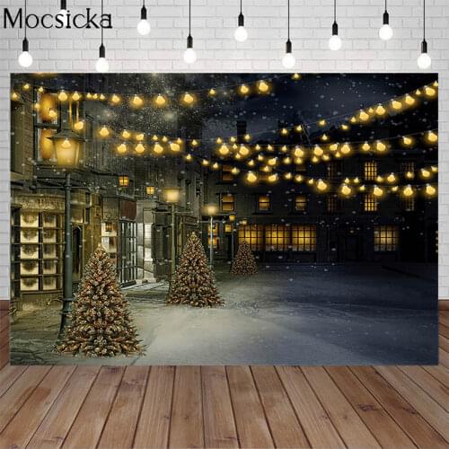 Merry Christmas Photography Backdrop Winter Snow Street Christmas Tree Bokeh Light Family Portrait Background Photo Studio