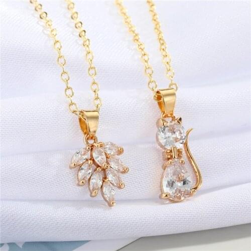 Crystal Shiny Cat Leaves Animal Pendant Necklaces For Women Gift Bling Flower Plant Choker Clavicle Chain Wedding Jewelry N282