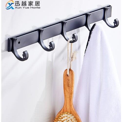 Towel Hooks Punch-Free Black Aluminum Door Wall Mounted Bath Coat Hanger for Bathroom Kitchen Hardware