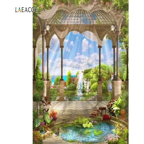 Laeacco Seaside Palace Pavilion Garden Landscape Photography Backgrounds For Photo Studio Vinyl Custom Photo Backdrops Props