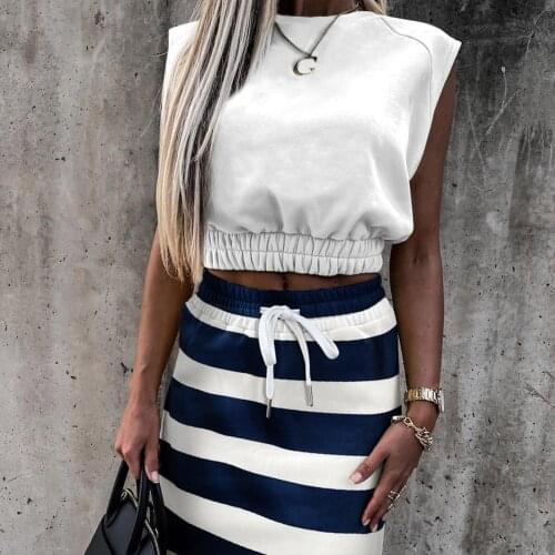 Summer Women Skirt Suits Solid Color Sexy Sleeveless Tops Drawstring Skirt Set Casual Lady Two Piece Sets Streetwear 2021 Stripe