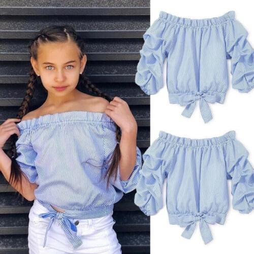 PUDCOCO Hot Newborn Toddler Baby Kid Girl Blue&White Striped Long Sleeve Ruffles Off-Shoulder T-shirt Blouse Tops Clothes 3-11T