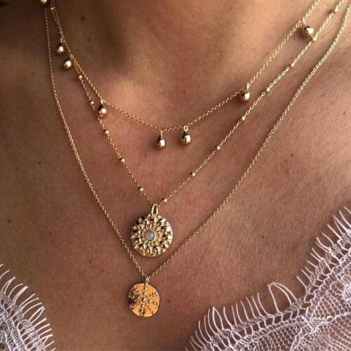 Multilayer Round Chain Crystal Vintage Pendant Gold Long Necklace Personality Fashion Women Party Necklace Set Jewery
