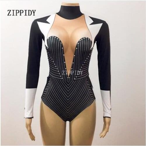 Fashion Sexy Black Stage Teacher Tuxedo Costume Rhinestones Leotard Outfit Party Celebrate Wear Singer Performance