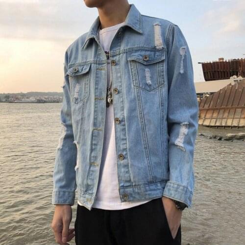 Men Light Blue Denim Jackets Holes Jeans Coats New Spring Autumn Fit Jeans Jackets Slim Denim Coats Solid Casual Jeans Jackets