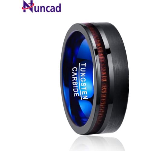 NUNCAD 8mm Koa Wood Inlay Tungsten Carbide Ring Wedding Band Men Ring Black Brushed Promise Ring Flat Edge Comfort Fit Size 7-12