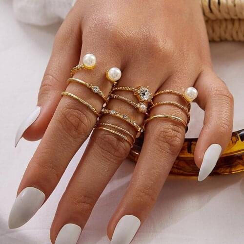 Tocona Boho 8pcs/sets Luxury Pearl Opening Rings Sets for Women Fashion Clear Crystal Stone Simple Jewelry Wholesale 9016