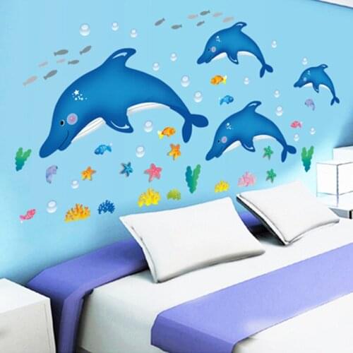 Ocean World Childrens Room Wall Stickers Kindergarten Cartoon Decorations Dolphin Fish Decals Mural Quality PVC DIY Wallpaper