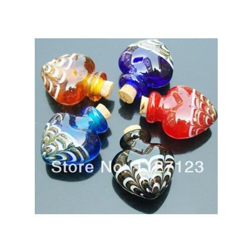 Free shipping!!10pcs 28X25MM Murano Glass Essential Oil Vial Heart (Mixed Colors) Murano glass Essential Oil Bottle Necklace