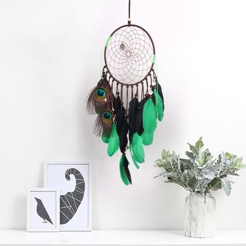 Handmade Peacock Green Catchers Spirit Wind Catcher Bamboo Circle Pure Dream Net Catcher Bedroom Wall Decoration