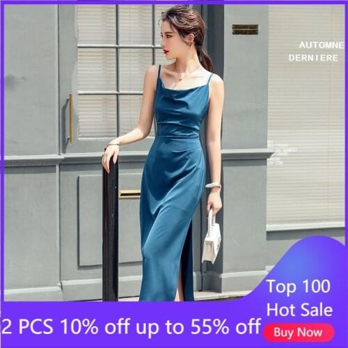French Style Fashionable Strape Dress Elegant Women 2021 Summer Sexy Temperament Draping Satin Swing Collar Suspender Dress