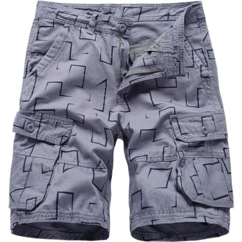 Casual Mens Summer Short Geometric Print Cargo Short Men Mid-waist Knee Length Cotton Bermuda Masculina Beach Short With Pockets