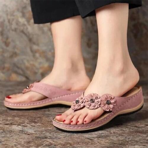 Flower Sandals Women Summer Wedge Slippers Vintage Flip Flops Casual Sandals Round head plus size