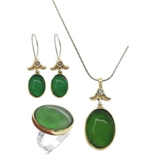 Green Spin Amber Stone Silver Women Triple Authentic Set Jewelry Adjustable Ring Midyat Silver