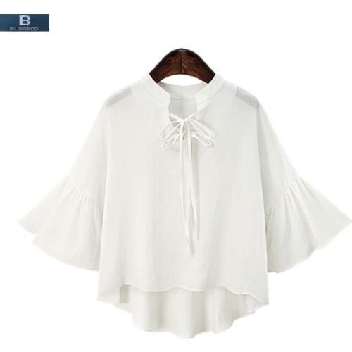 [EL BARCO] 2017 New Arrival Cotton Linen Chiffon Women Summer Blouse Shirts Flare-Sleeve White Khaki Casual Top Plus Size XL-4XL