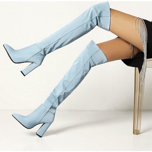 Female Leopard Hot Sale Boots For Women Autumn Ove The Knee High Blue Fashion Chunky Heel womens Shoes Pointed Toe Brand New