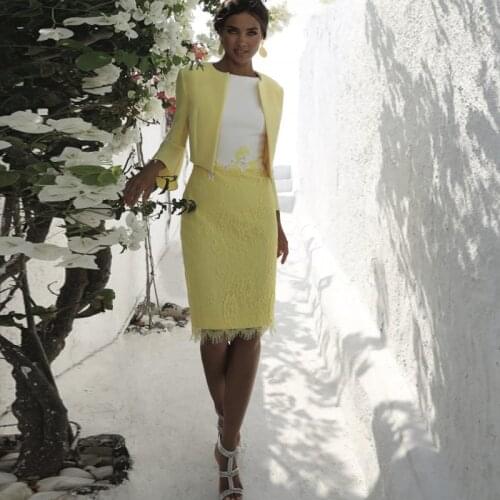 Yellow Mother Of Bride Dresses For Wedding 3/4 Sleeves Plus Size Lace With Jacket Sheath Wedding Dress madre de la novia