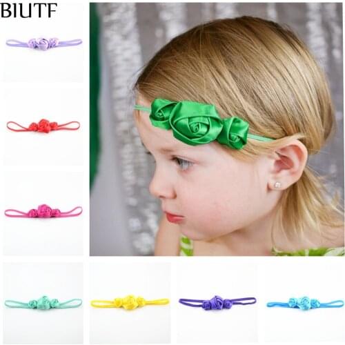 18pcs/lot Skinny Elastic Headband with Triple Fabric Satin Rose Flowers girl Hairband Headwear Accessories 10 Color FDA234