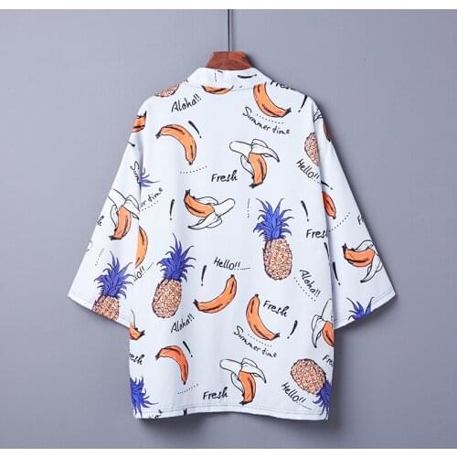 #5023 Summer White Kimono Coat Men Thin Loose Casual Vintage Fruits Printed Jacket Men Loose Streetwear Kimono Jacket Cardigan