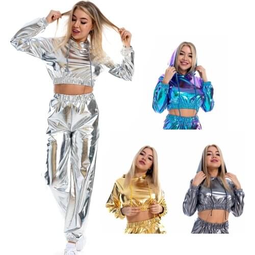 Bright Leather Sexy Leak Umbilical Long Sleeve Hoodie Sleeve Short Hoodie Reflective Stage Performance Nightclub Ds Clothes