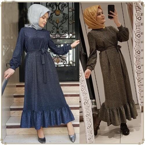 Dubai Muslim Women Abaya Glitter Long Maxi Dress Ruffle Party Gown Turkish Kaftan Jilbab Islamic Cocktail Clothing Middle East