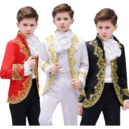 Victorian Prince Costume Blazer Suits Child Halloween Jabot Tie Outfit Military Uniform Cosplay Lace Jacket Coat For Kid Boys