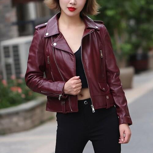 Autumn Women Genuine Motorcycle Jacket Short Sheepskin Real lambskin Leather coats Slim Wine Red Fashion Large Size XXXL