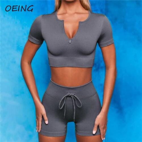 Summer Seamless Biker Shorts Two Piece Yoga Sets Zip Up Knitting Crop Tops and High Waist Pants Gym Sets