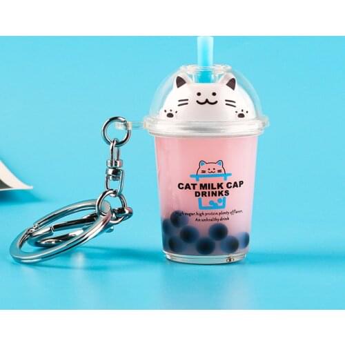 Cute Keychain Cartoon Cat Car Keychain Mini Milk Tea Cup Liquid Crystal Quicksand Sequin Key Ring Bag Pendant Decor for Women