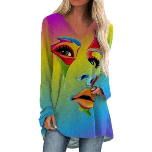 Fashion Women Face Casual Printed V Neck Long Sleeved Shirts Graffiti Print Cotton T-shirt Ladies Tie Dye Tops&Blouse