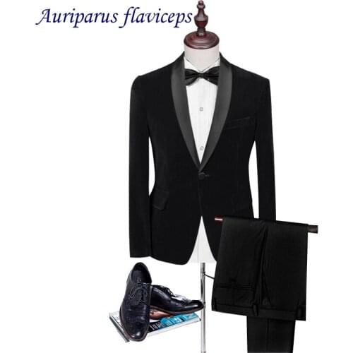 2020 New Blue Red Black Velvet With Peaked Lapel Man Suits Pattern Groom Tuxedos Suit Tailored Wedding Suits (Jacket+Black pant)