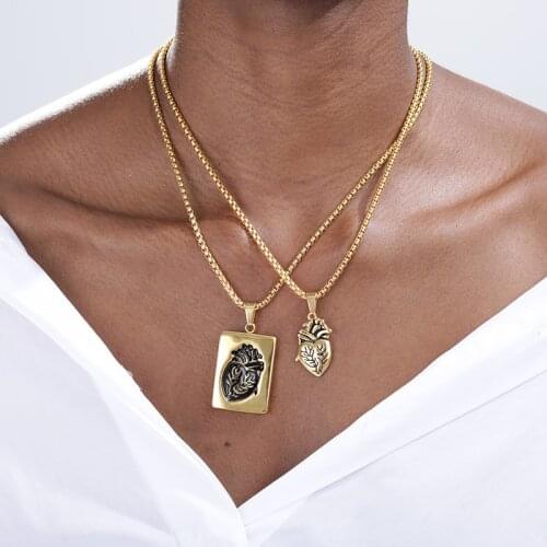 Gothic Anatomical Heart Pendant Necklace Set & Puzzle Couple Gold Stainless Steel Chain Heart Necklace Collares BFF Jewelry