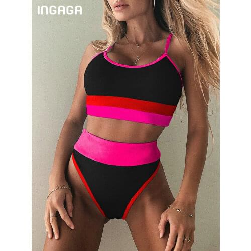 INGAGA Sexy Bikinis Womens Swimsuits High Waist Biquini Swimwear Push Up Bathers Bathing Suits 2021 Leopard Patchwork Beachwear