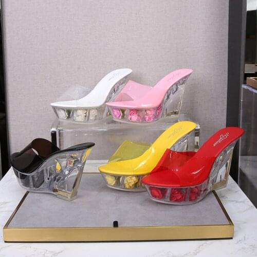 Sexy Sweet Flower Catwalk Pole Dance Pumps PVC Transparent Wedge Heel Platform Women Sandal 10CM Nightclub Crystal High Heels