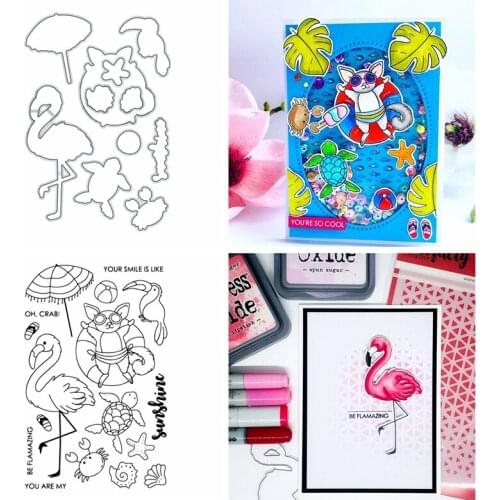 Critters Flamingo Turtles Crab Shell Scallop Metal Cutting Dies & Clear Stamps Slippers Umbrella Swimming Scene DIY Craft 2020