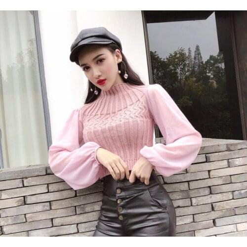 Womens Blouse 2020 Spring Casual Lantern Sleeve Chiffon Sleeve Stretchy Blouse Fashion pit knitting Slim Elastic Sweater G1497