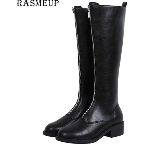 RASMEUP Leather Front Zipper Womens Winter Boots 2019 Fashion Brand Style Women Flat Long Boot Ladies Warm Shoes Plus Size