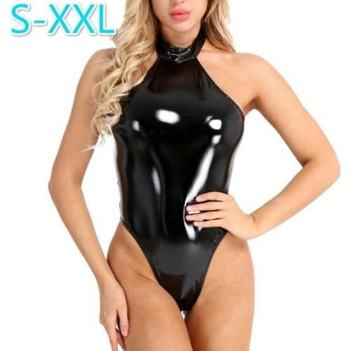 2021 Women Wetlook Sexy Club Catsuit Swimsuit Patent Leather Halter Backless Leotard Bodysuit for Evening Party Costumes Clubwea